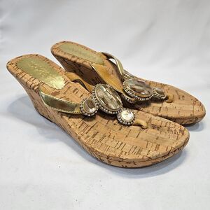 Mystique Womens Mother Of Pearl Leather Cork Wedge Sandals Size 8 Embellished